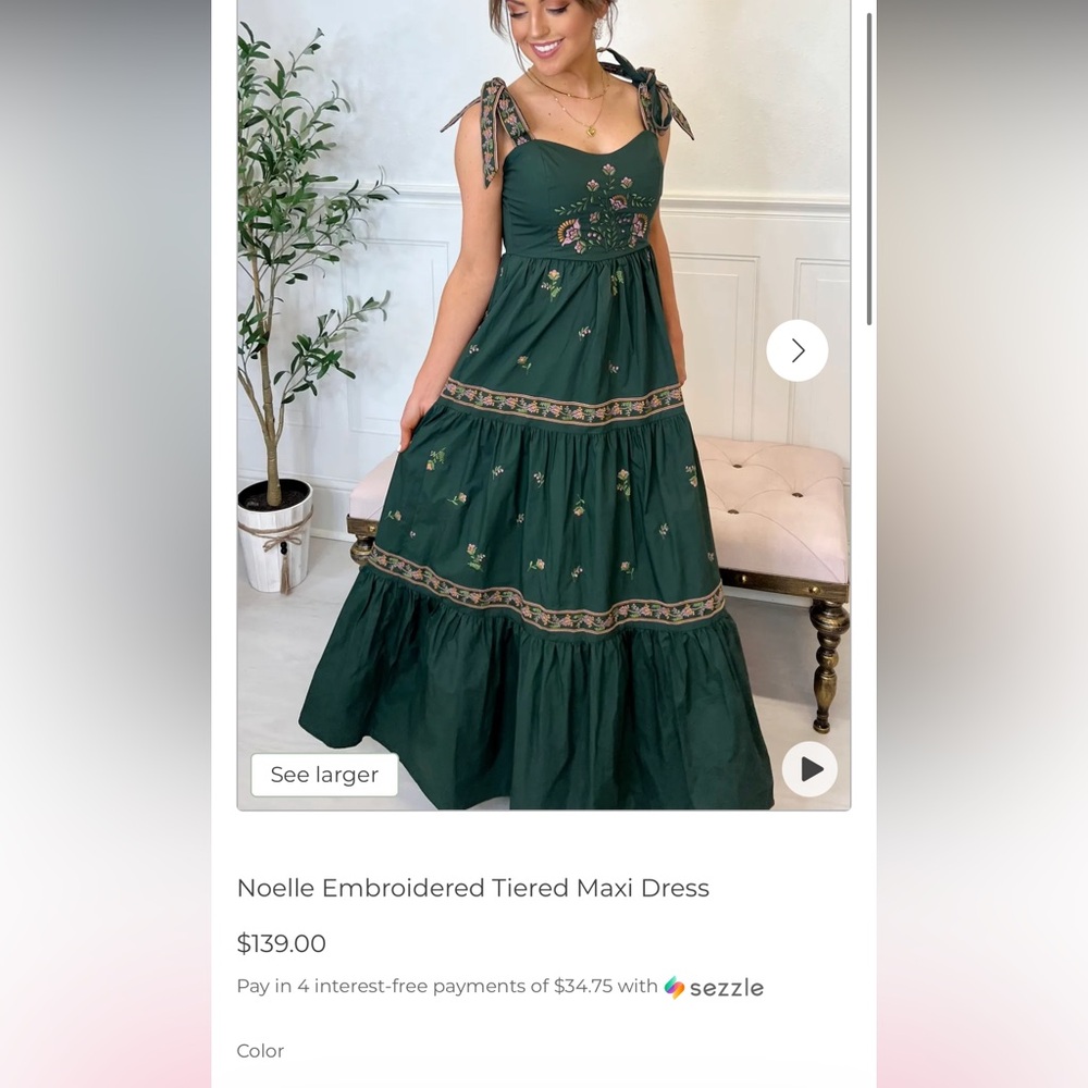 Noelle Embroidered Tiered Green Maxi Dress